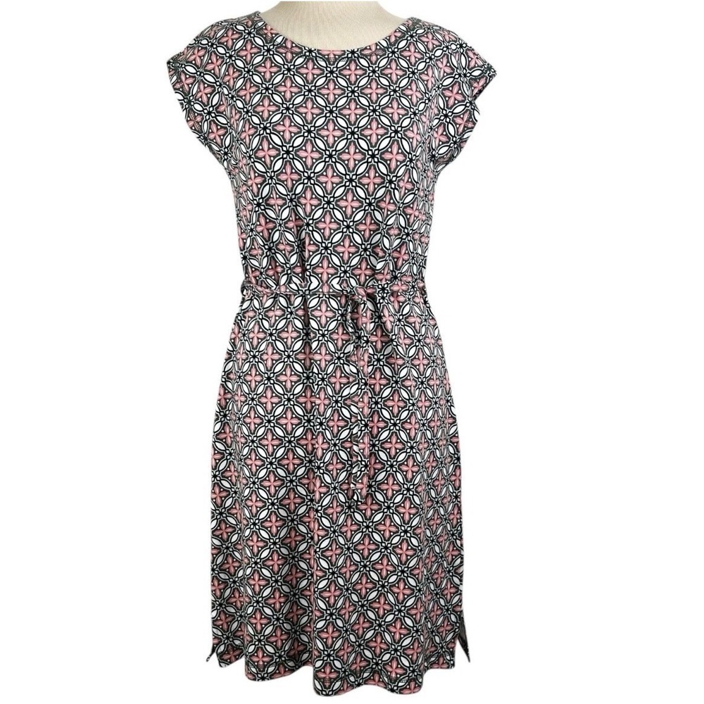 Talbots Dress M Green Pink Preppy office modest  Church A-Line Geometric Print